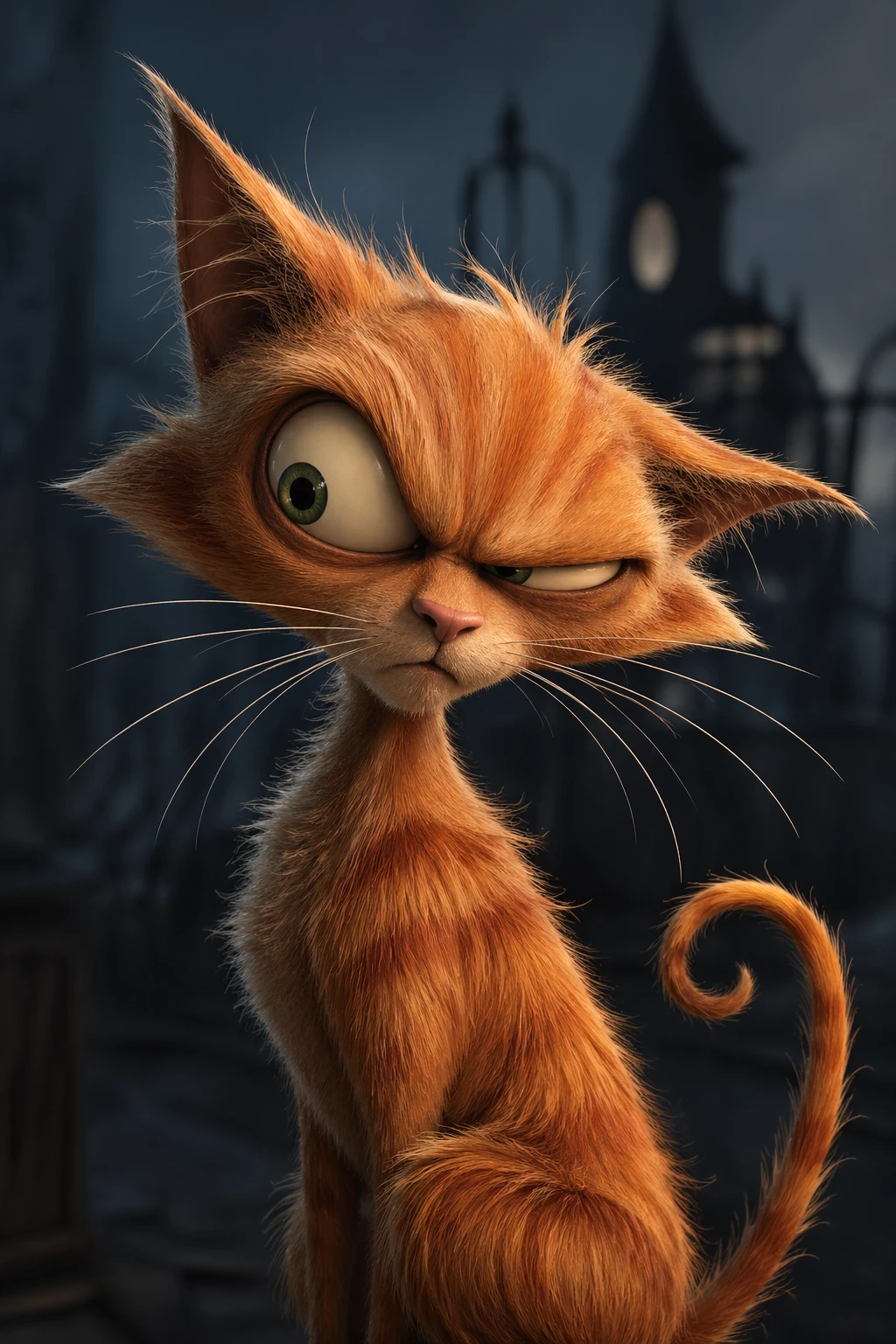 Gato caricaturesco pelirrojo y sospechoso con mirada lateral expresiva