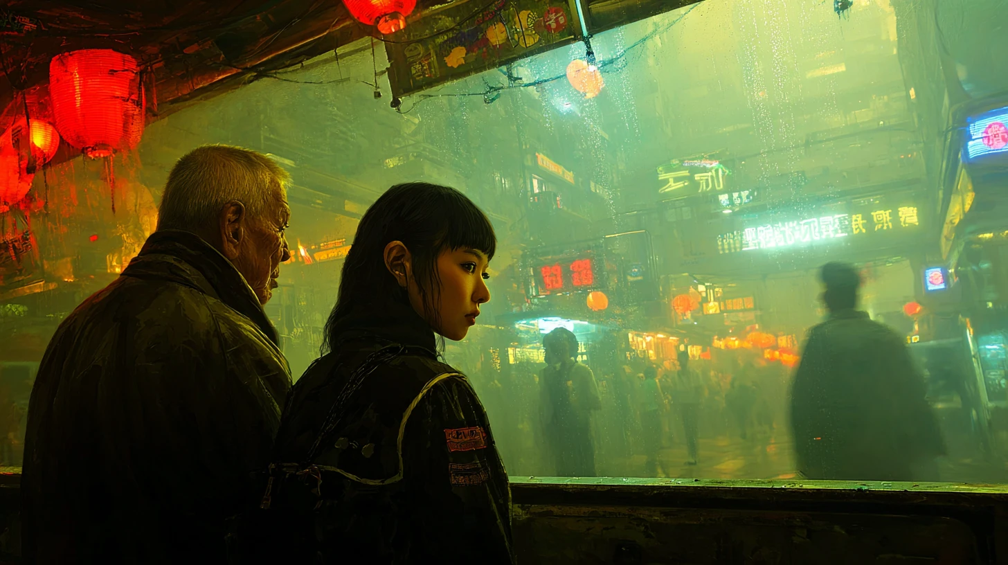 Niña asiática caminando con su abuelo en una ciudad china futurista
