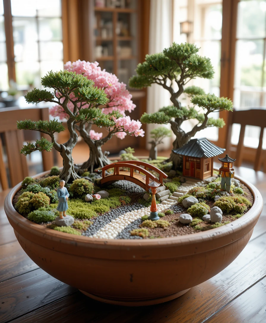 Miniature Japanese Garden In Terracotta Bowl On Wooden Table