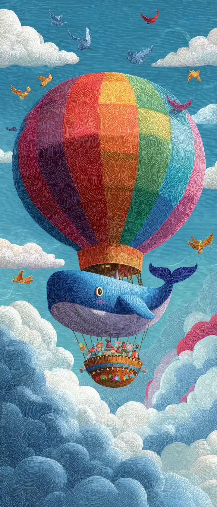 Rainbow whale balloon drifting through fluffy storybook clouds