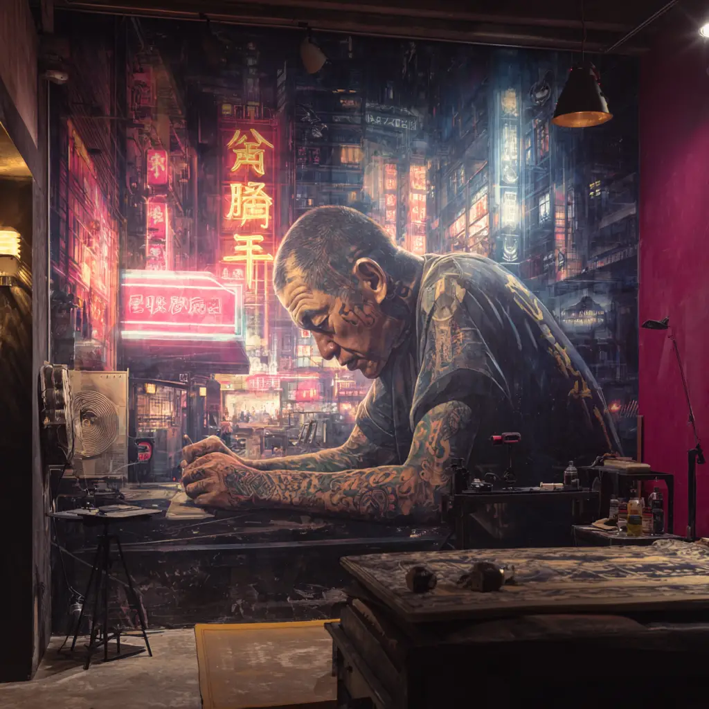 Gangster che si Fa Tatuare in uno Studio di Tatuaggi Cinese Futuristico