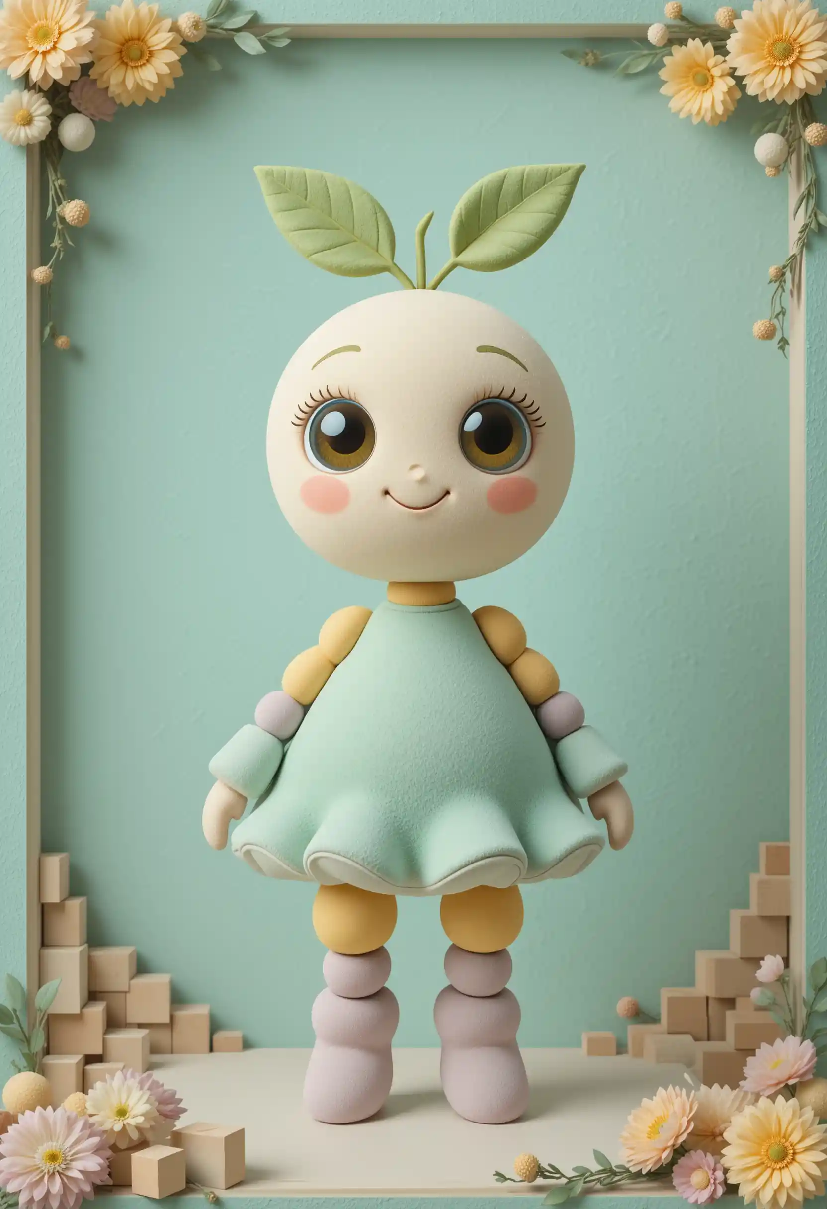 Cute spherical cartoon character on mint abstract background
