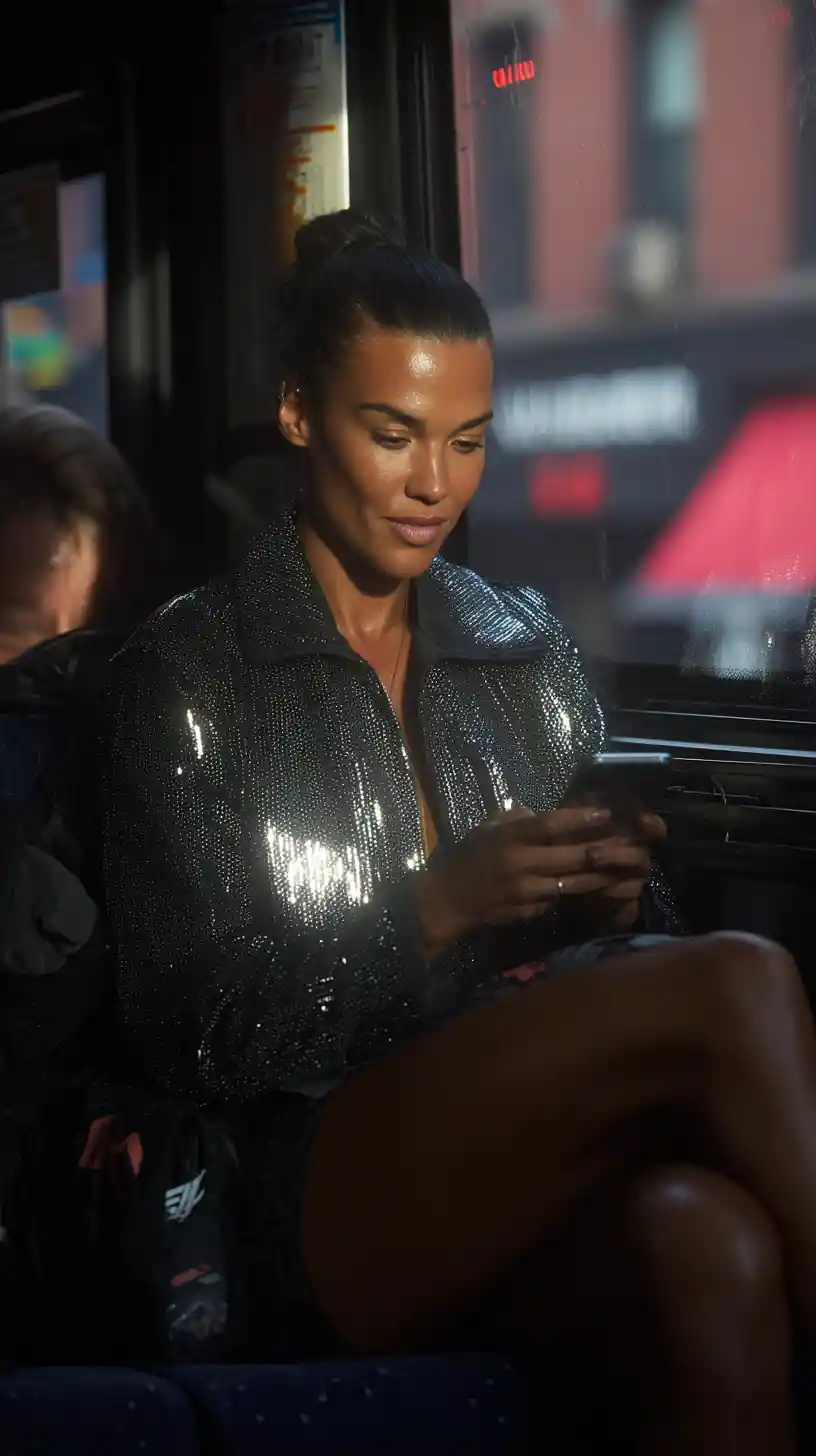 Donna sul bus del mattino persa nel suo telefono