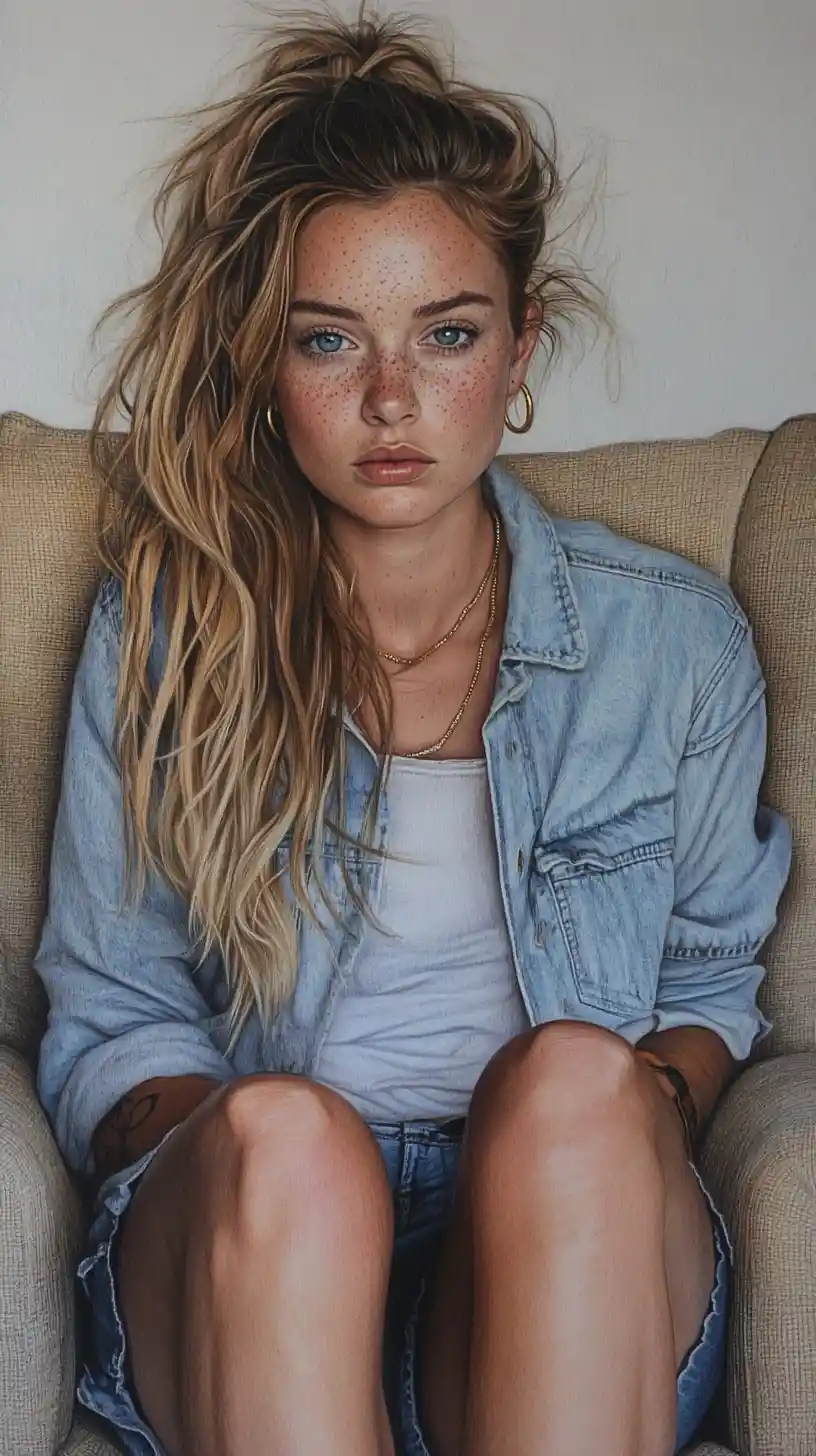 Colored pencil portrait of a freckled girl on sofa