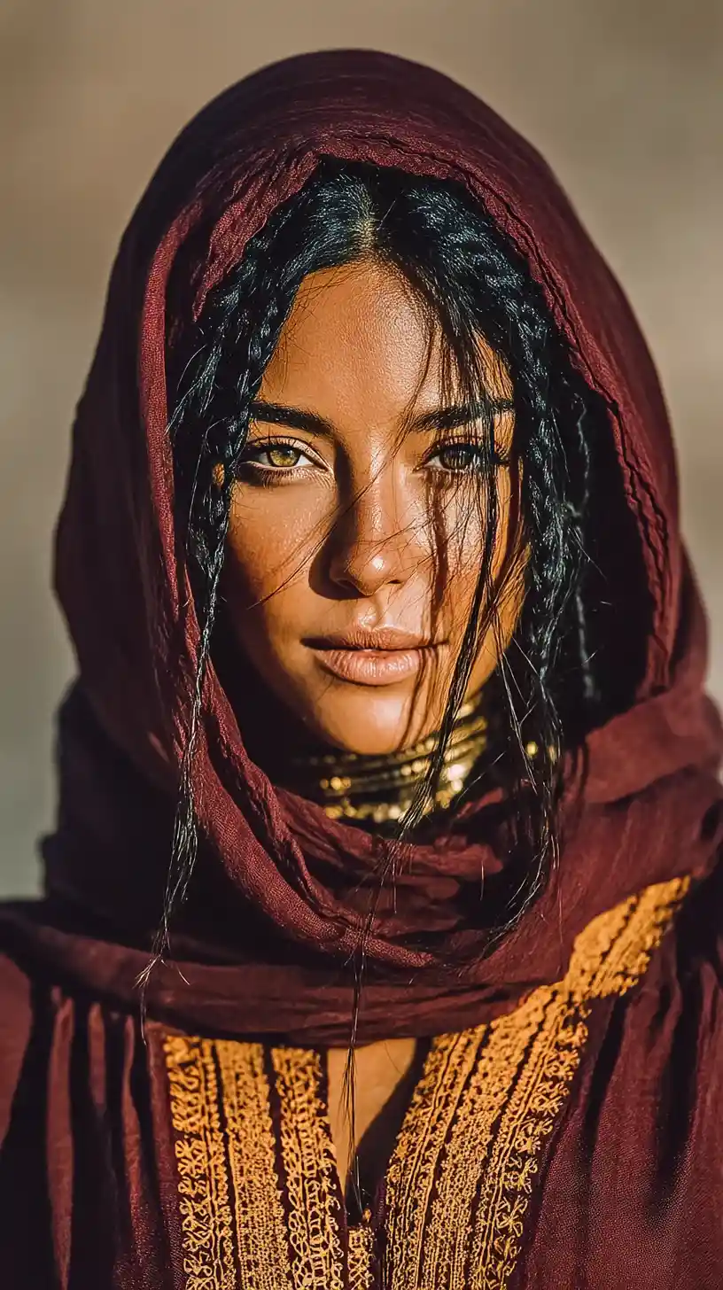 Young Arab woman standing gracefully in a desert oasis