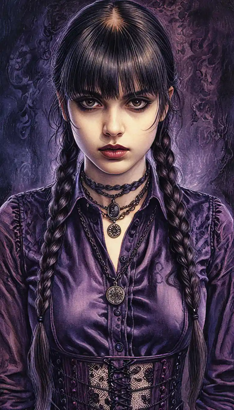 Dark gothic portrait of a young woman in purple and black