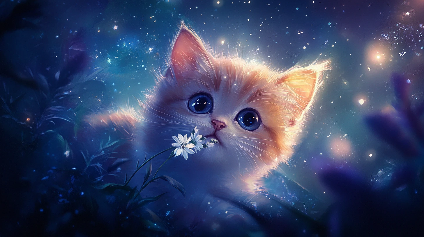 Round kitten holding moonflowers under a glowing night sky