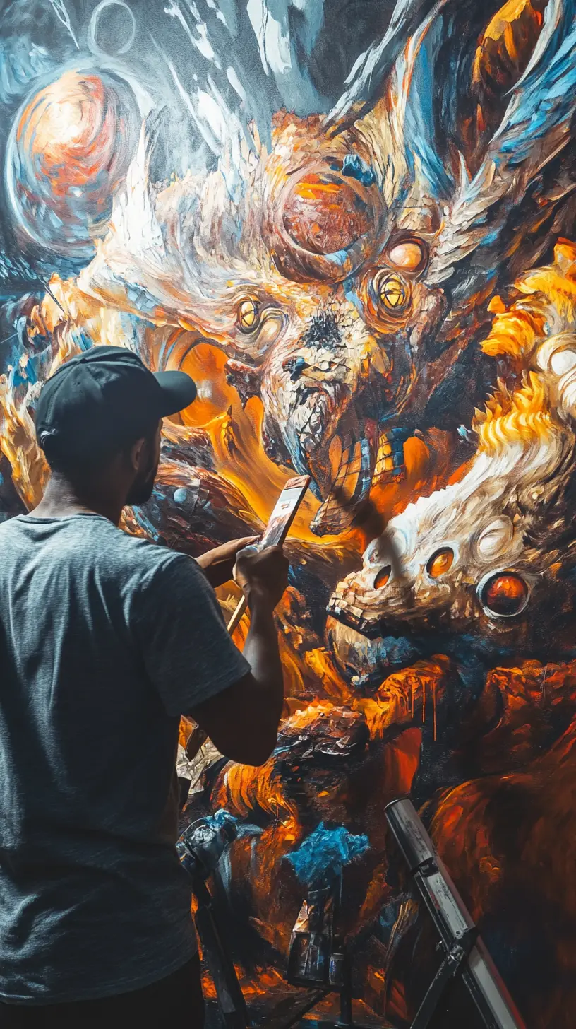 Black artist painting a surreal mural in futuristic gallery