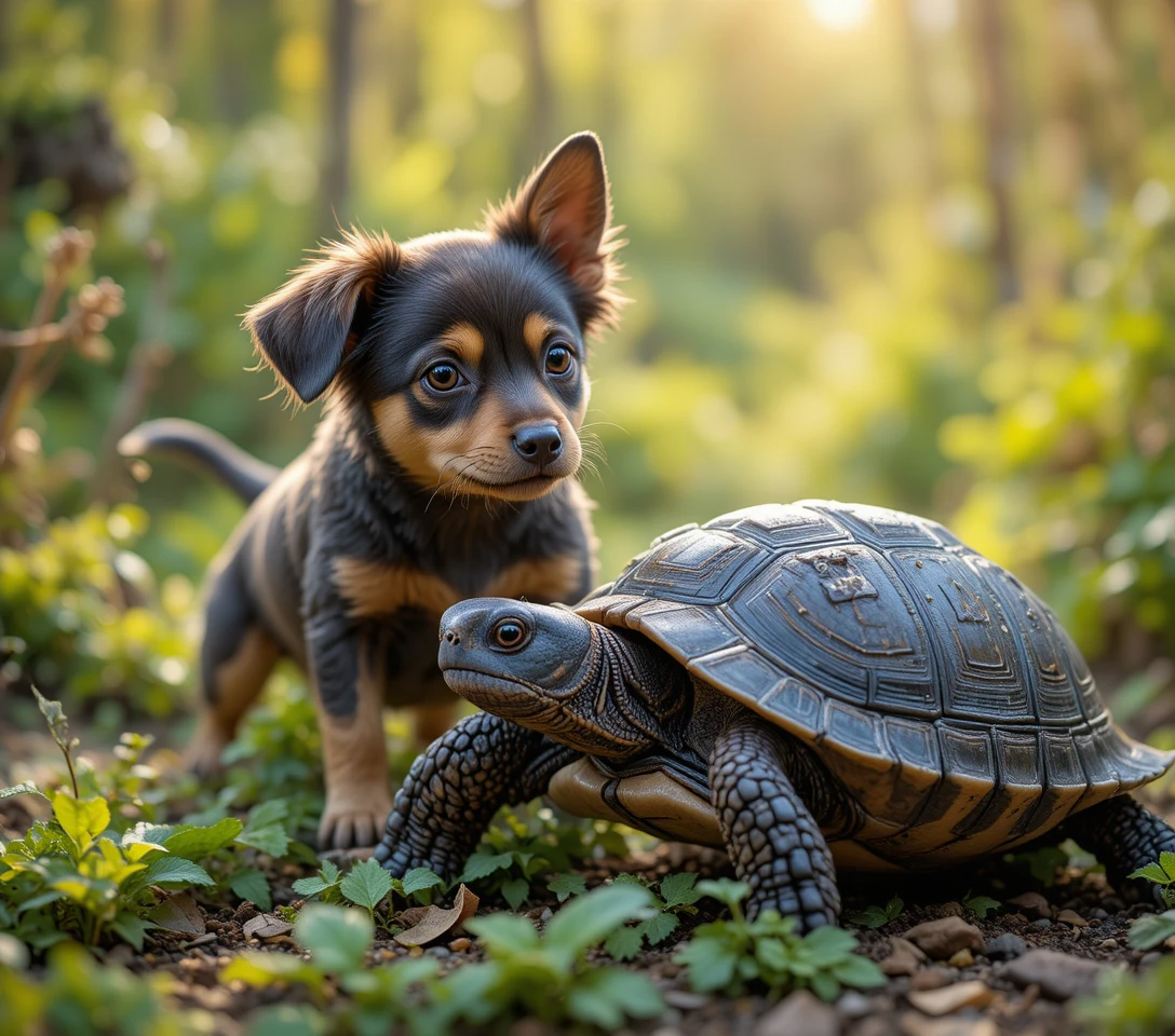 Curious brown puppy watching a small turtle on grass