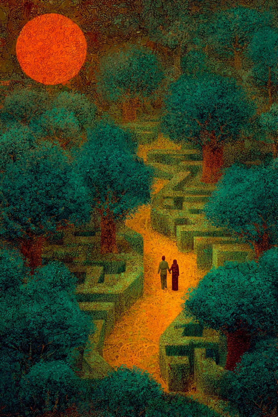 Pareja con el corazón roto que se separa en un laberinto de jungla surrealista al atardecer