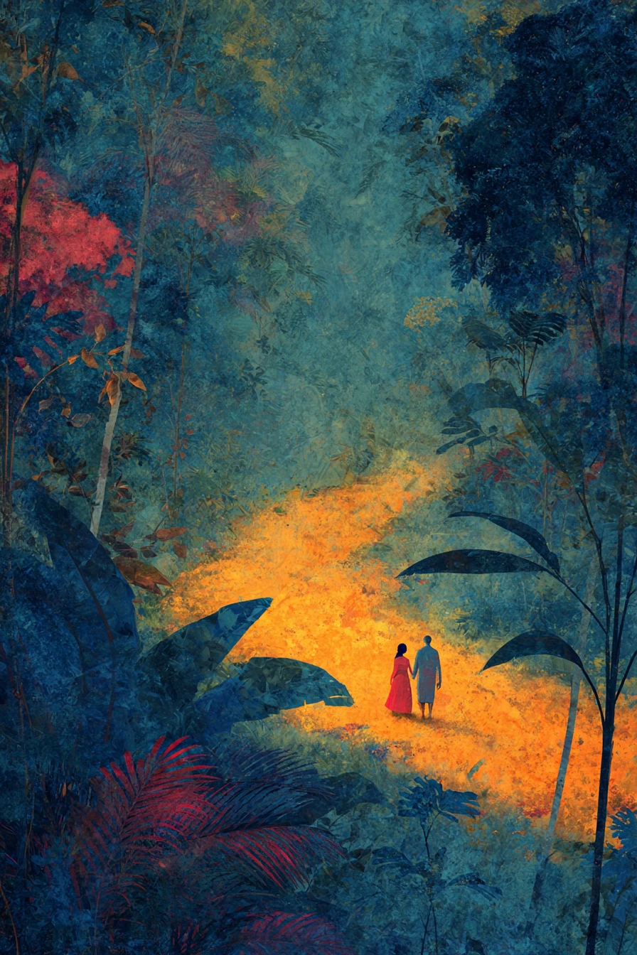 Couple parting in a surreal evening jungle maze scene