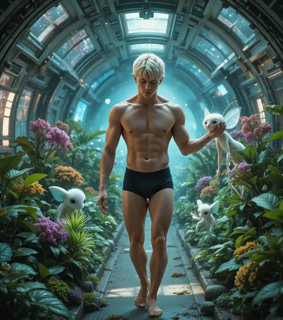 Blonde young man slowly rising from bed in spaceship