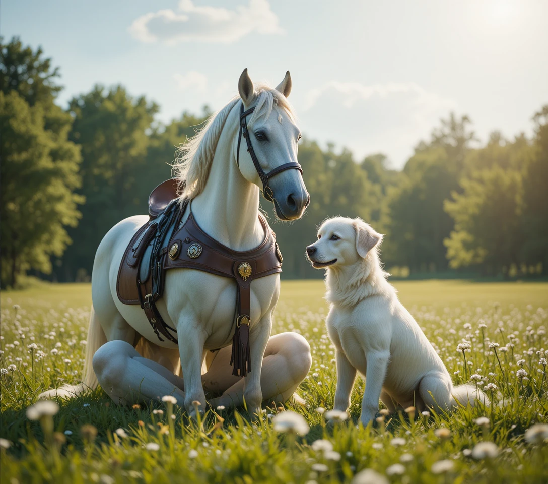 White horse and dog sharing a peaceful summer meadow