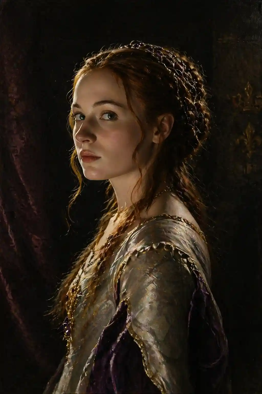 Young noblewoman portrait in dramatic baroque rembrandt light