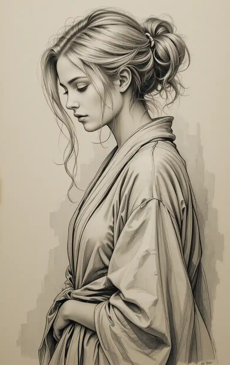 Melancholic side profile pencil portrait of a young woman