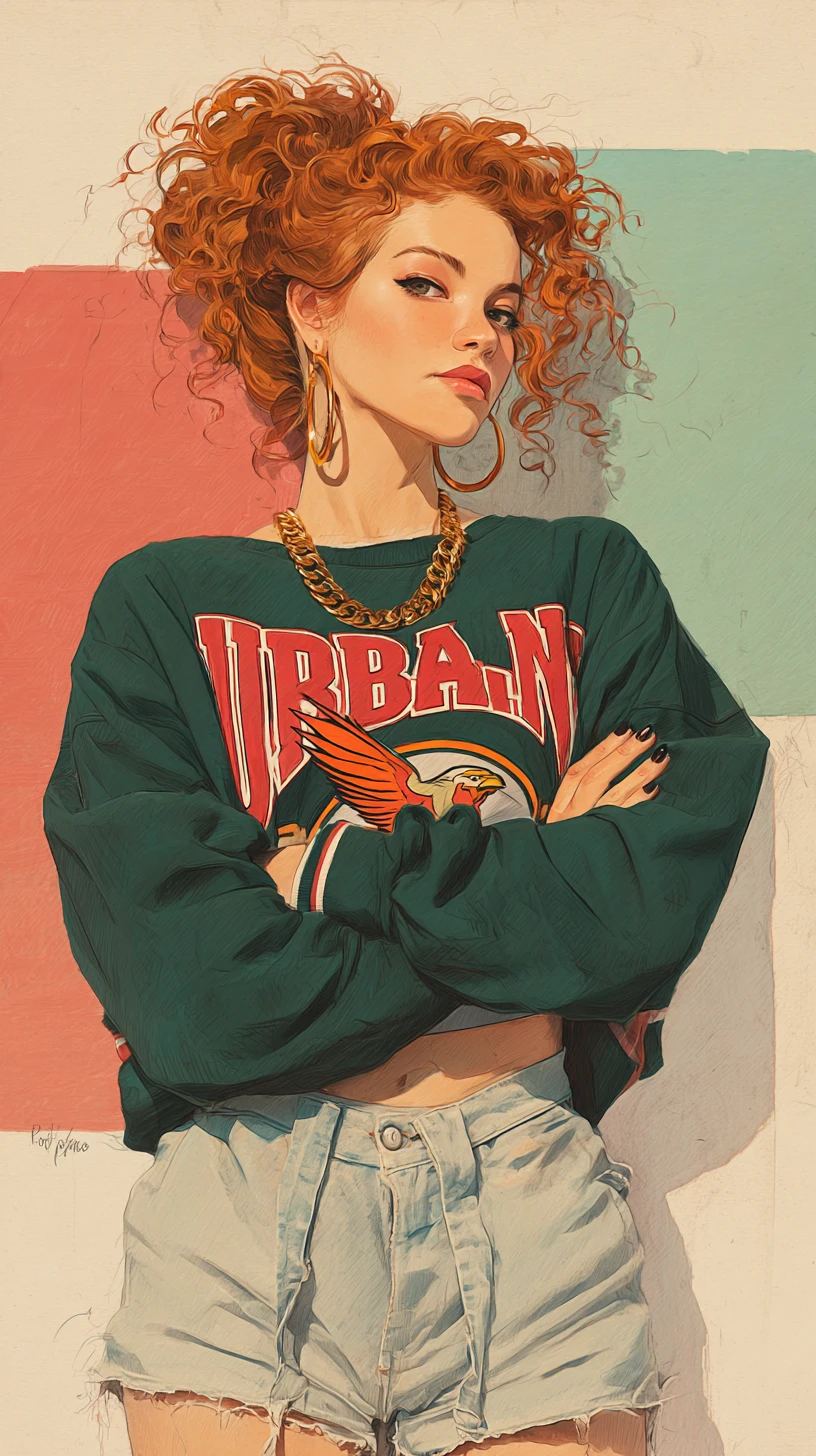 Selbstbewusstes Mädchen im Vintage-College-Sweatshirt Fashion-Illustration