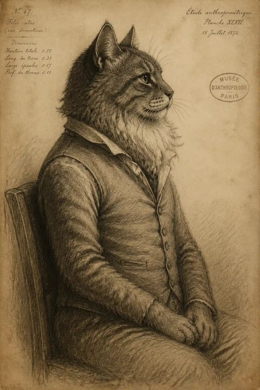 Anthropometric charcoal sketch of a distinguished seated cat