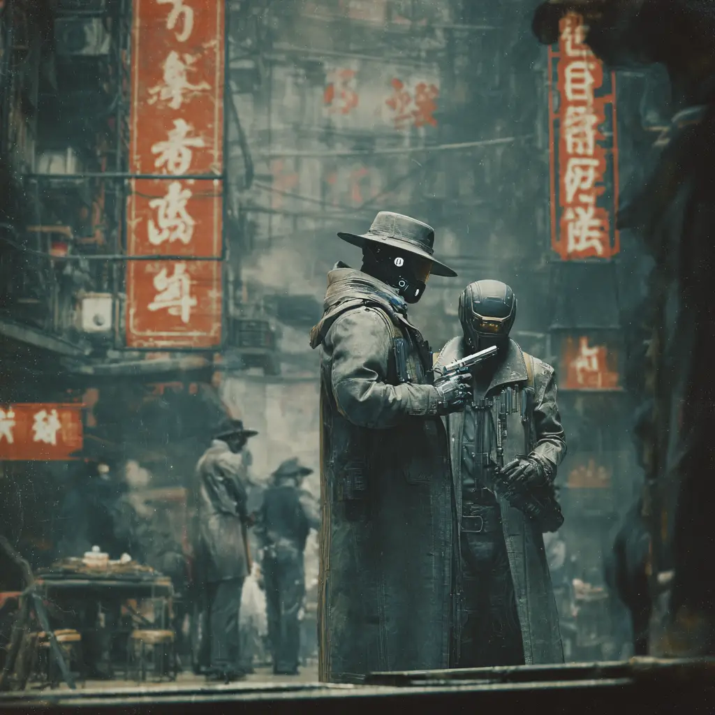 Membri di una gang asiatica in una strada cittadina cyberpunk futuristica
