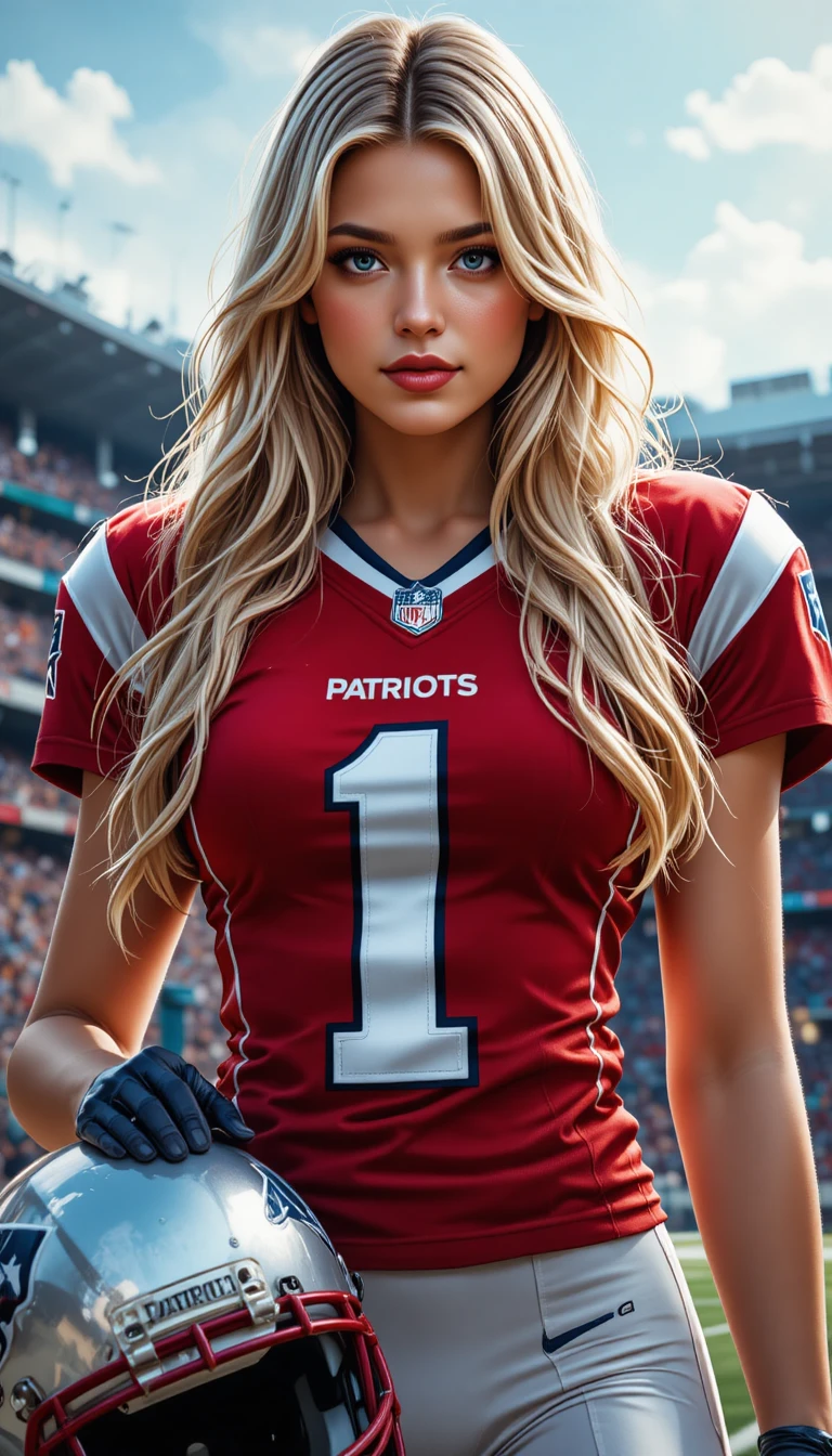 Blonde woman in red football jersey holding helmet in stadium