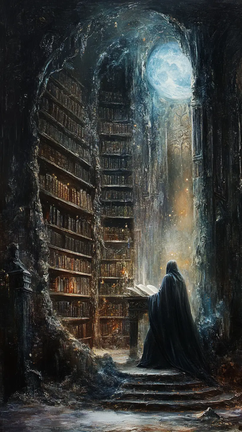 Savant encapuchonné lisant dans une bibliothèque de cristal au clair de lune