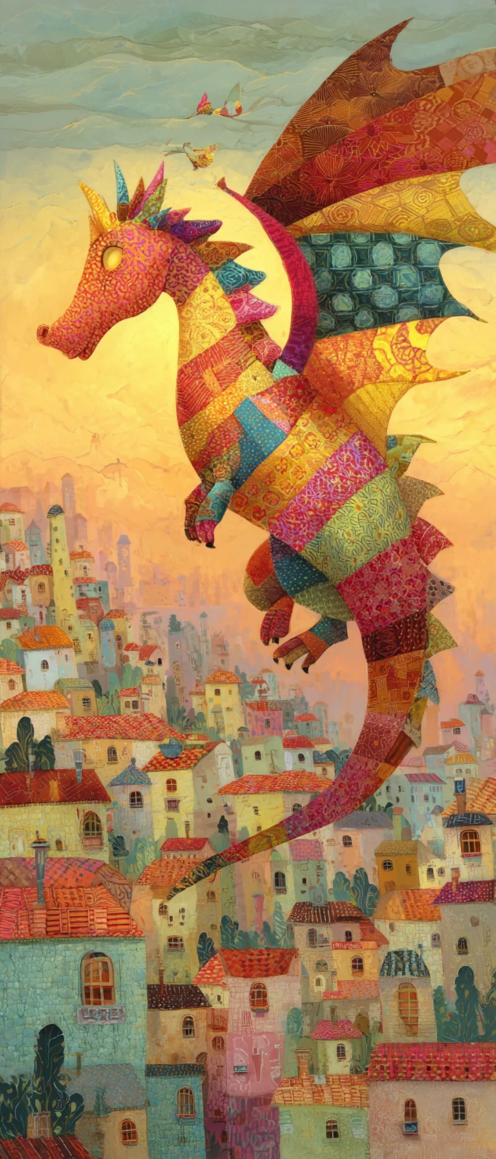 Majestic quilt dragon over a cozy hillside fabric village