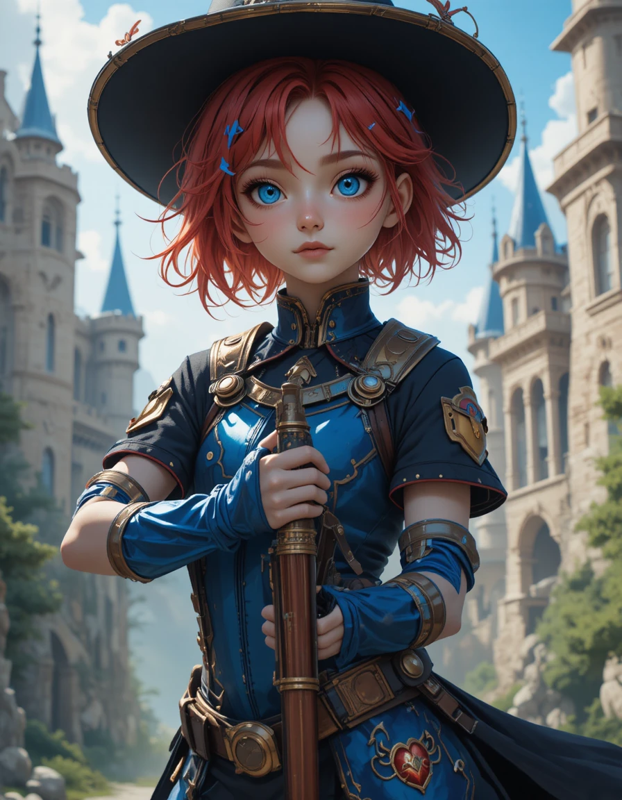 Blonde armored girl with mace and shield at a castle