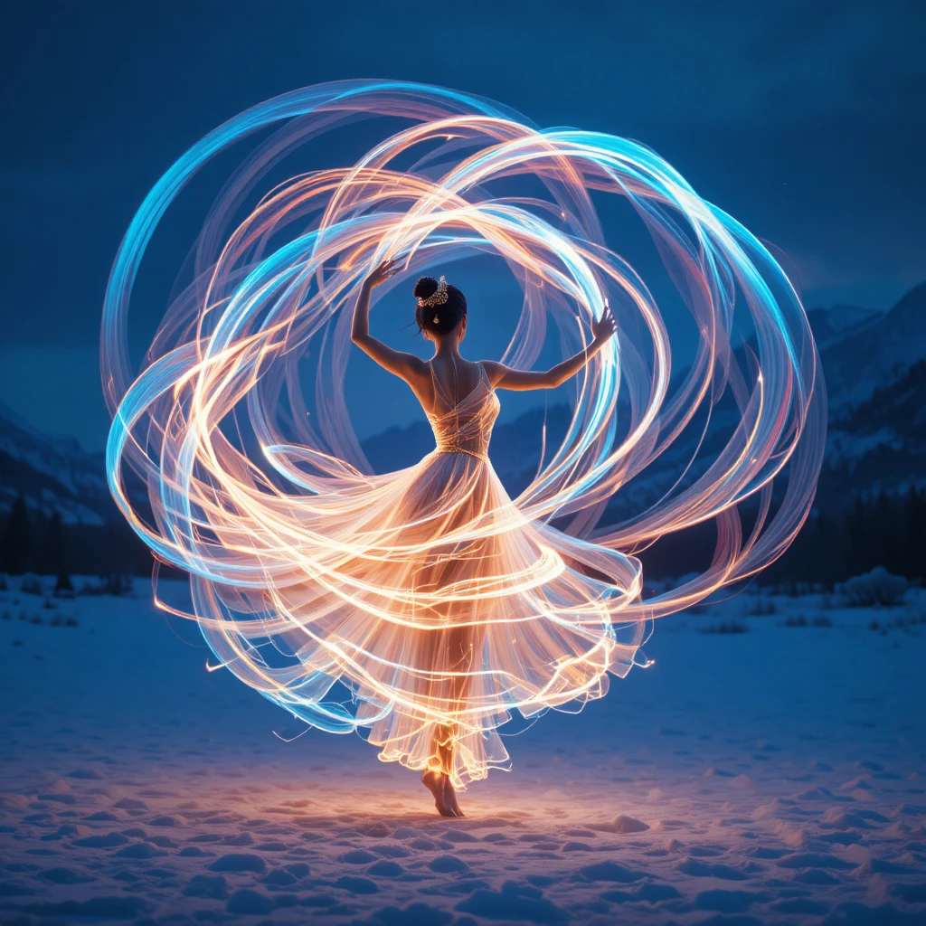 Colorful light trails swirling around an unseen dancer