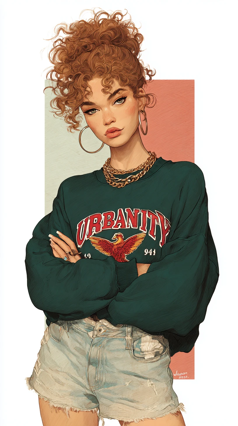 Confident woman in vintage college sweatshirt fashion illustration