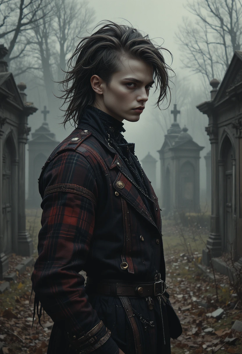 Gothic girl portrait in a graveyard with dark punk style