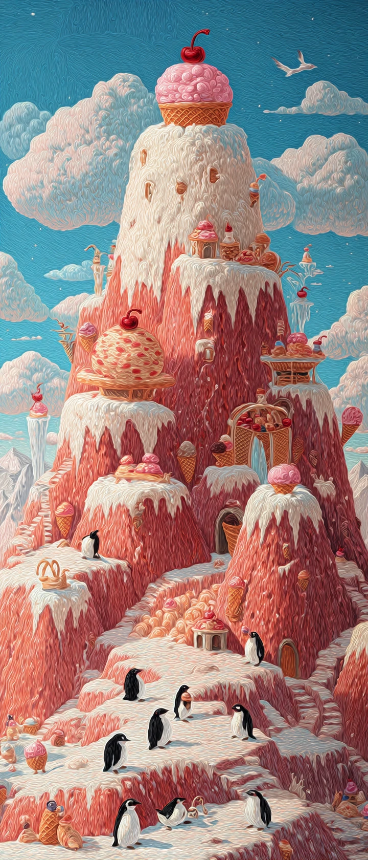 Playful Penguins Exploring A Towering Ice Cream Mountain