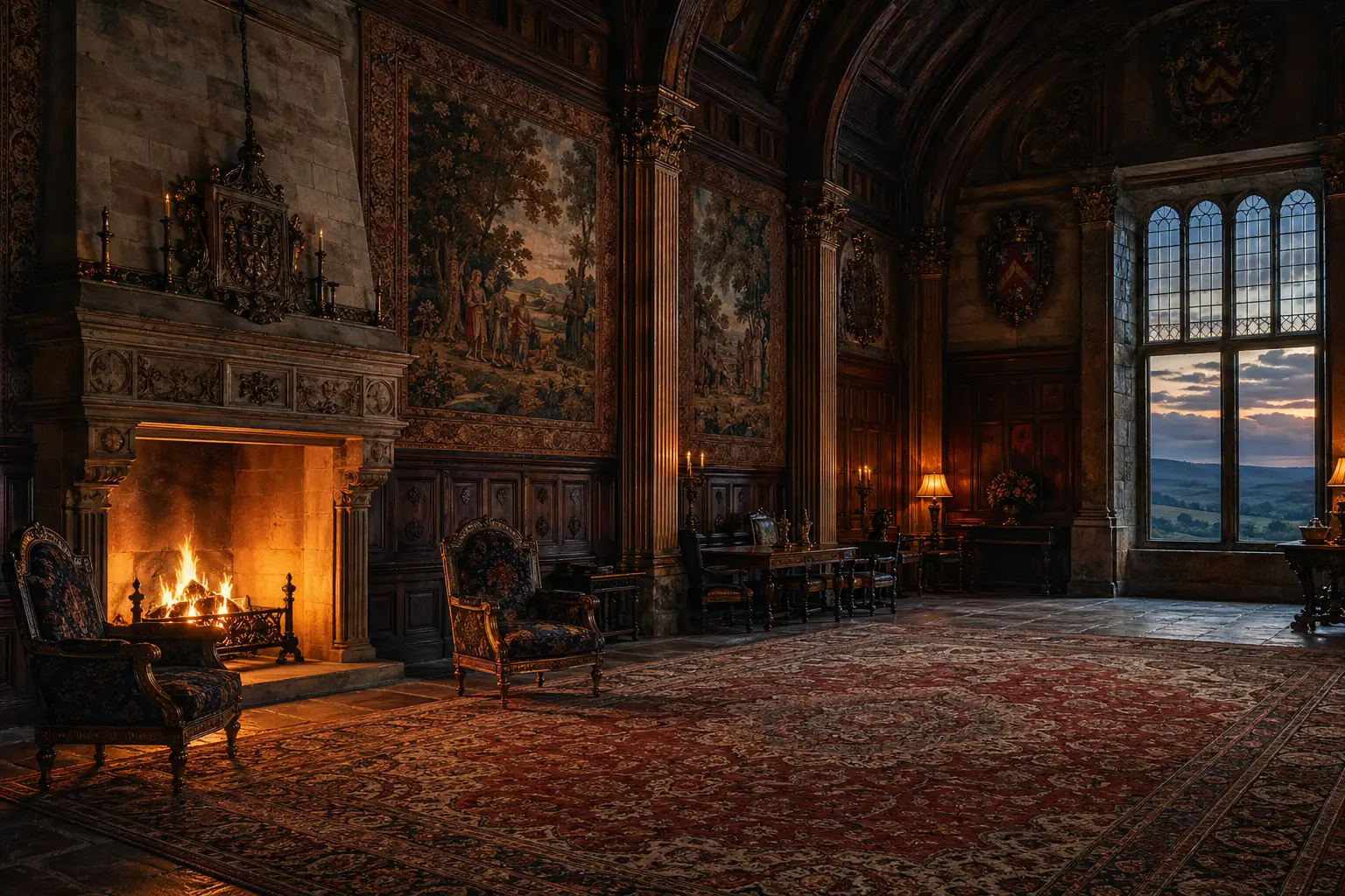 Grande sala medievale con camino scoppiettante e poltrone