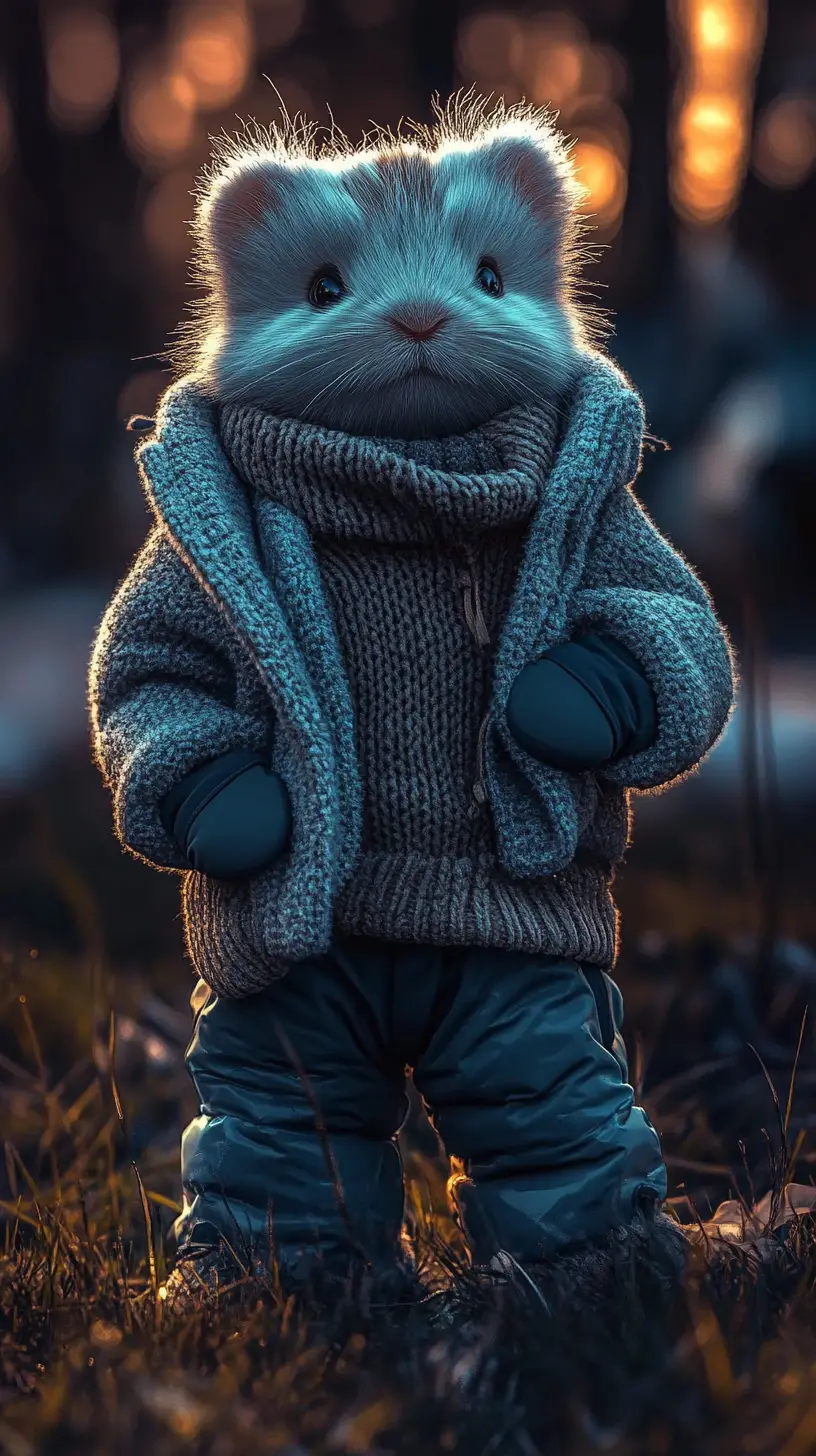 Cute arctic creature bundled in cozy winter clothing