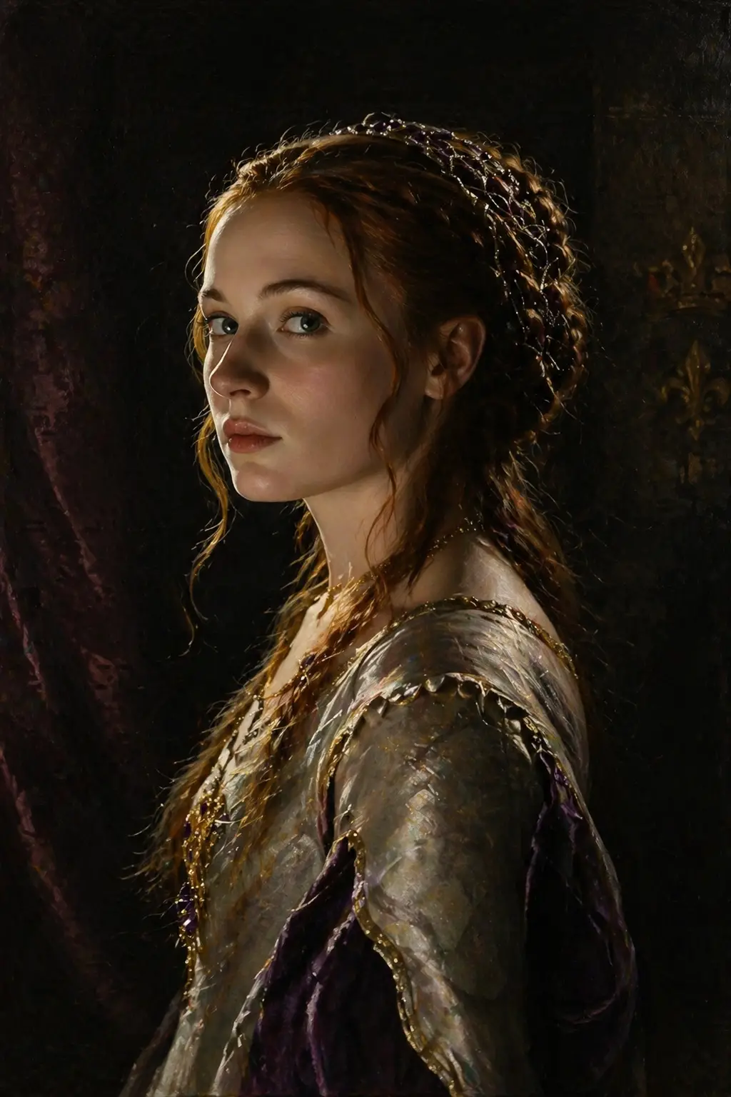 Young noblewoman portrait in dramatic baroque rembrandt light