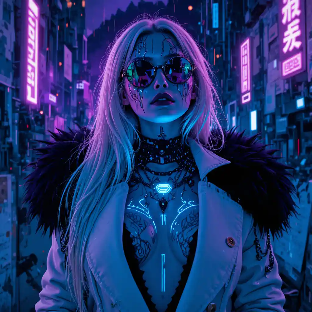 Cyber noir femme fatale in neon drenched close up portrait