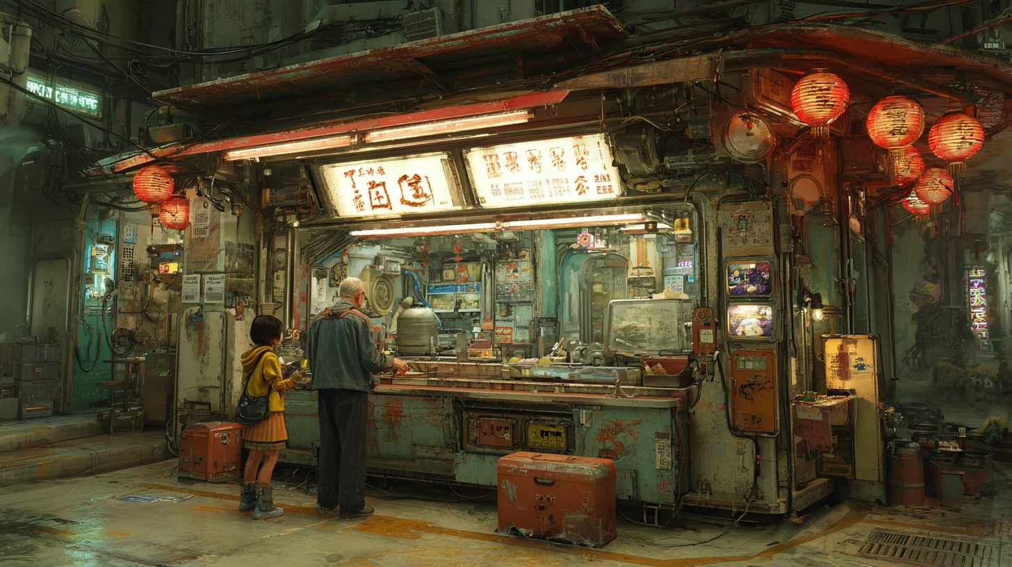 Niña asiática y abuelo en un futurista y fantasmal puesto de comida callejera