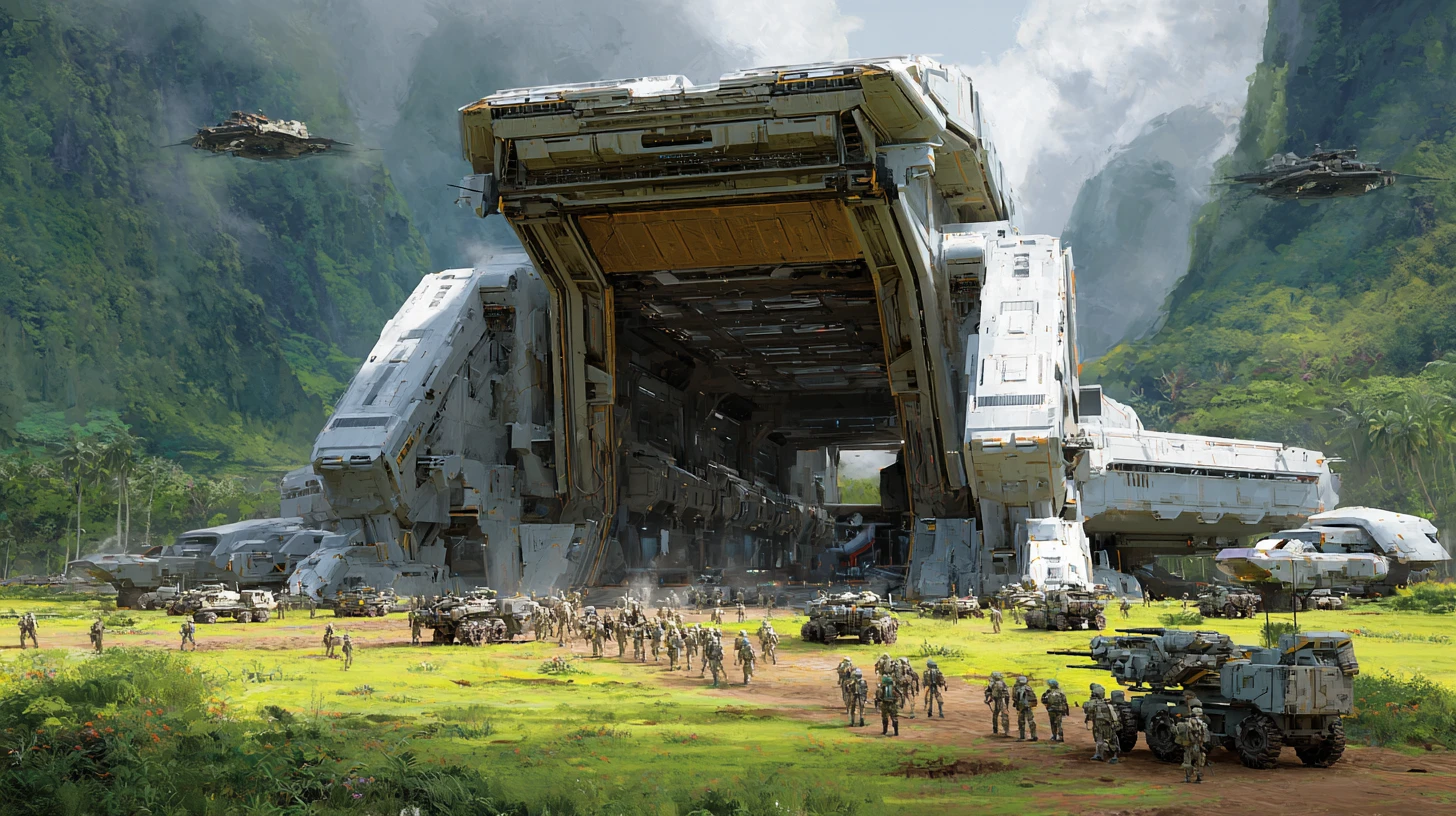 Massive combat dropship unloading troops on alien world