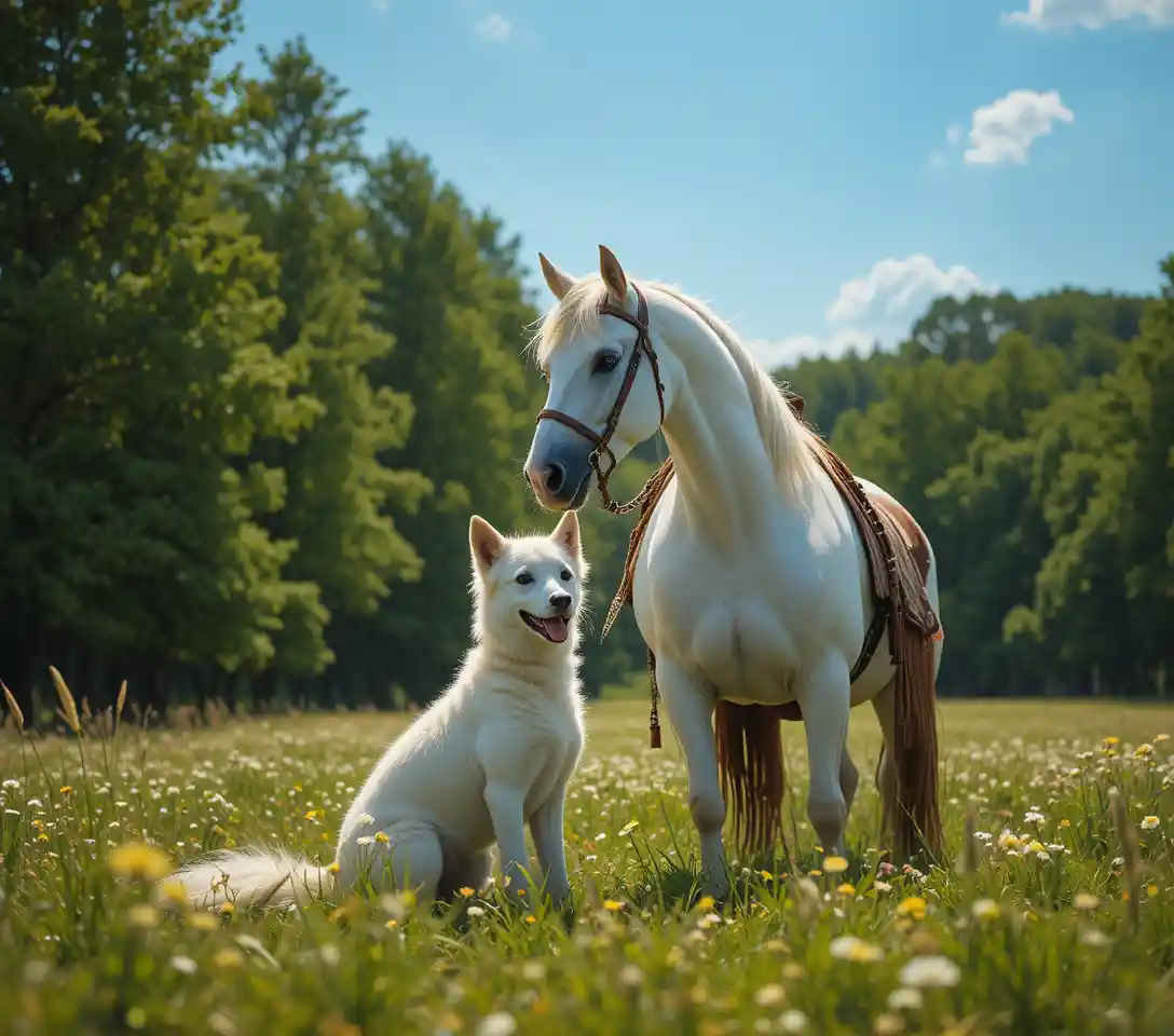 White horse and dog sharing a gentle moment in meadow