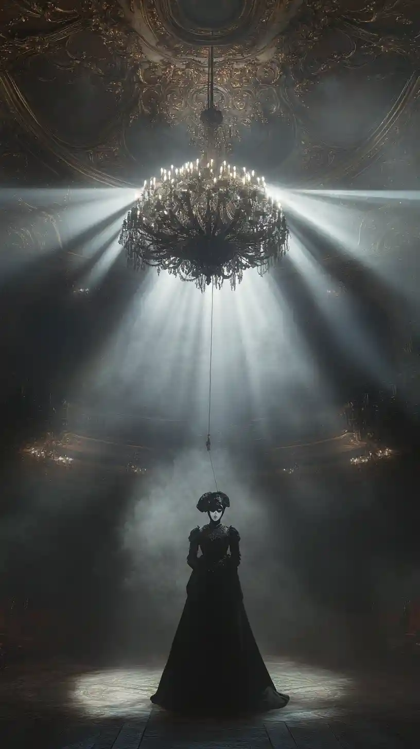 Masked figure beneath chandelier in opulent gothic theater