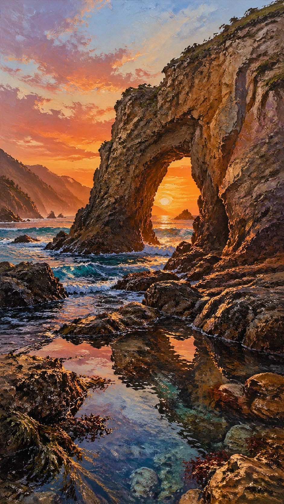 Sunset rock arch above a rugged Pacific coastline