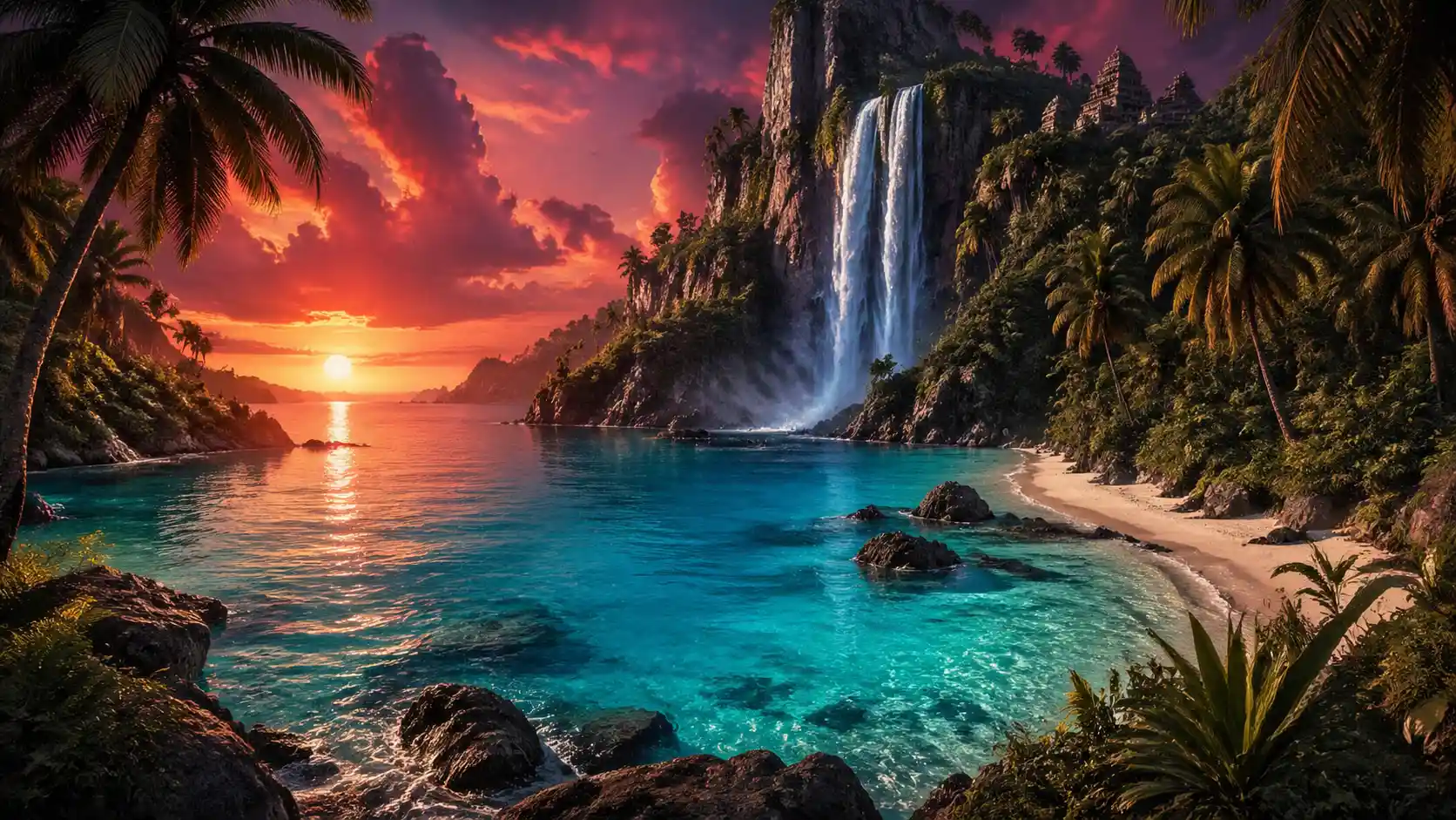 Surreal fantasy bay with sunset waterfall and palm trees