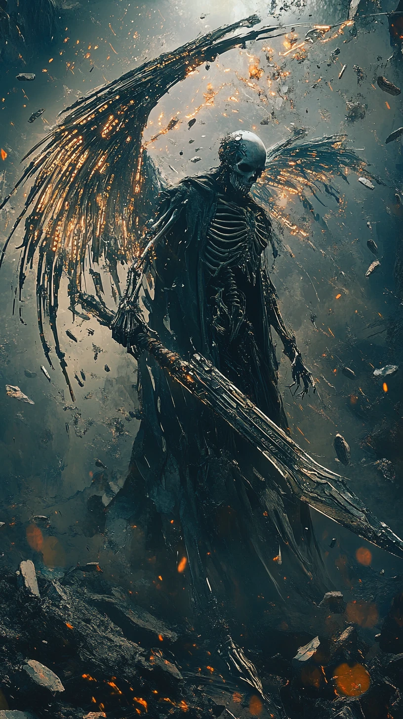 Cybernetic grim reaper with techno scythe and code wings