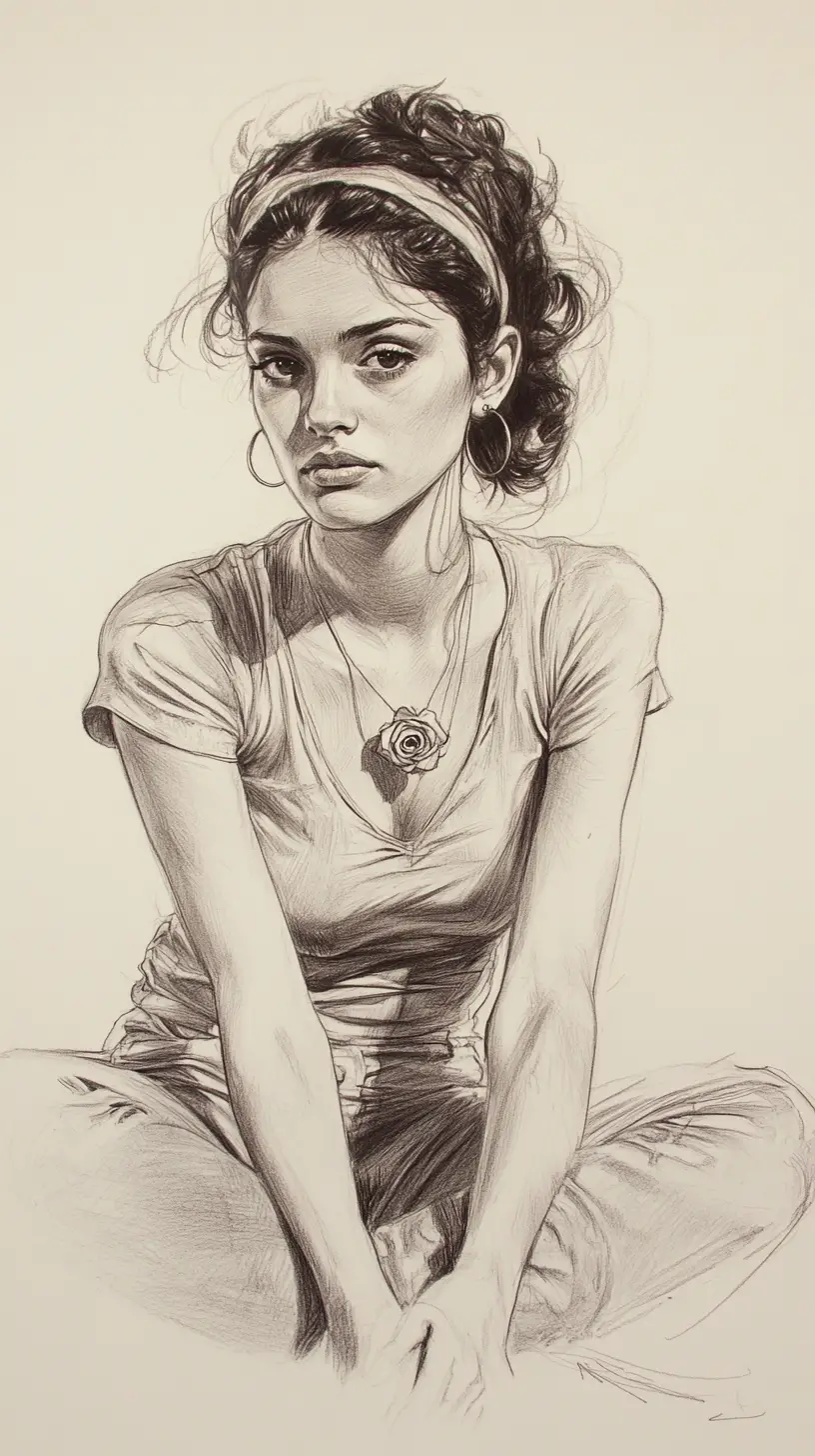 Figure drawing of a seated young woman in relaxed pose
