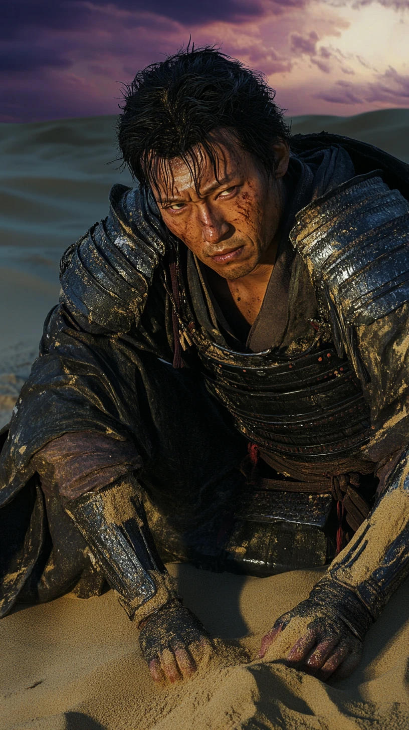 Kneeling samurai in sand at twilight after brutal battle