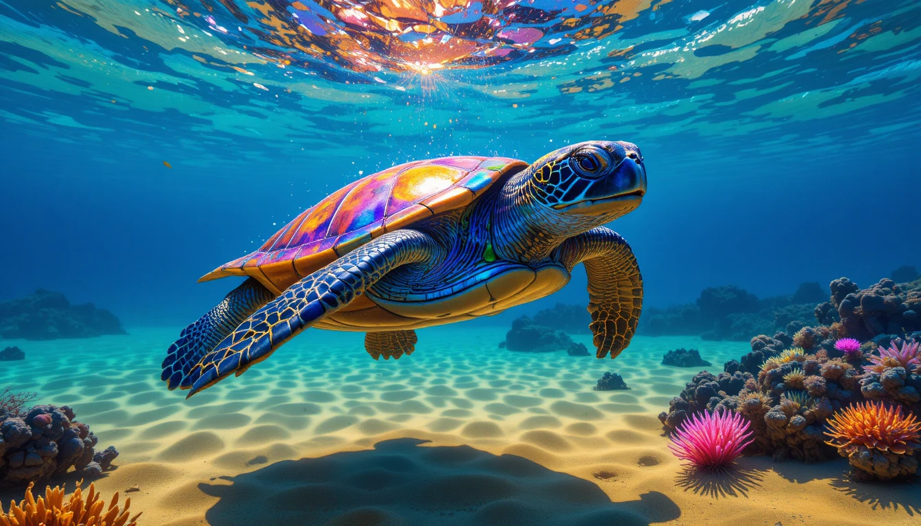 Colorful sea turtle gliding above a bright ocean seabed