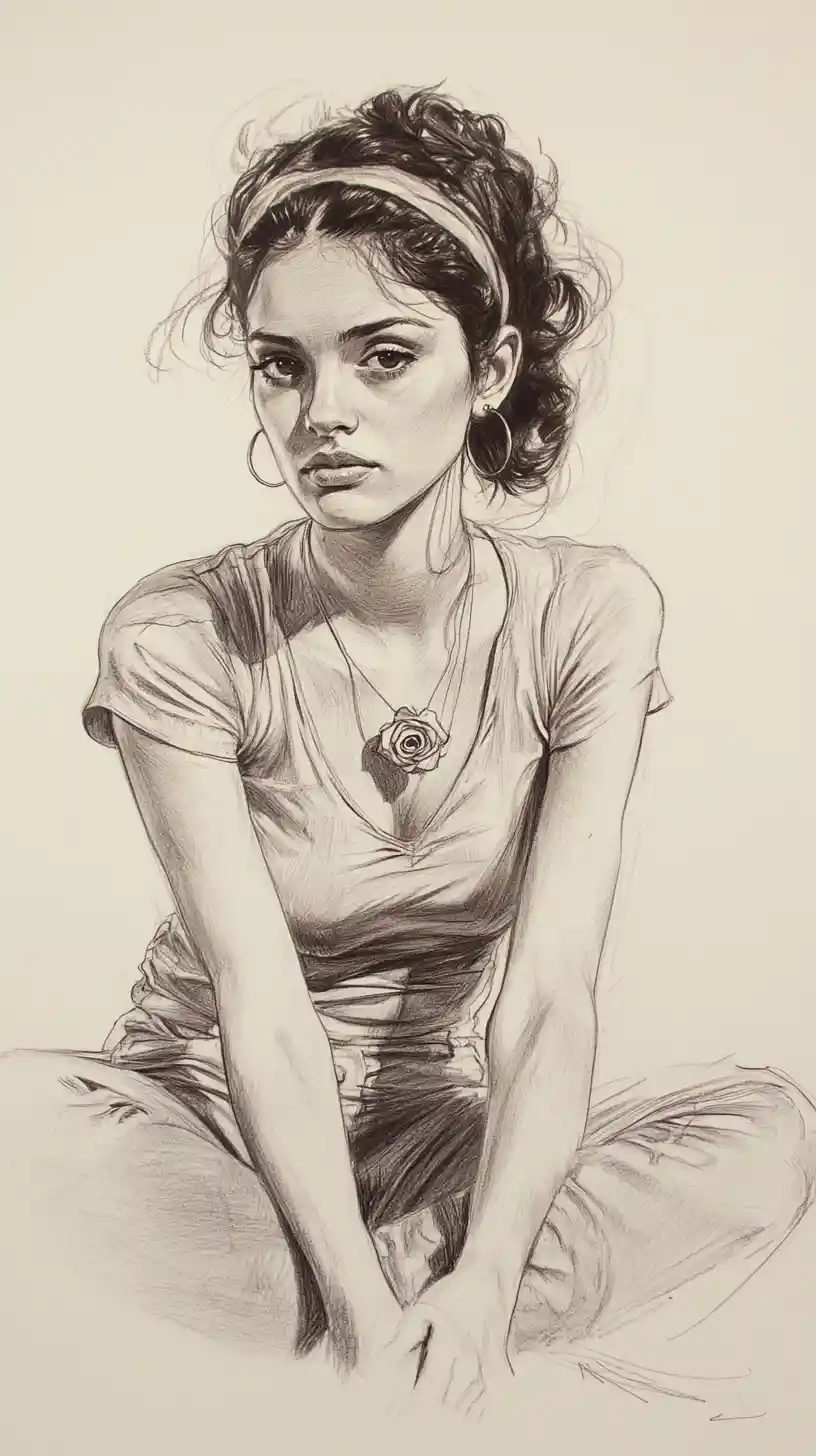 Figure drawing of a seated young woman in relaxed pose