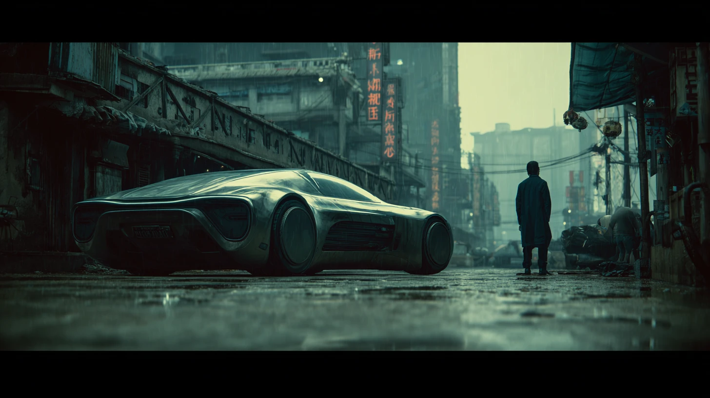 Homme asiatique dans un atelier de voiture volante d’une ville chinoise futuriste