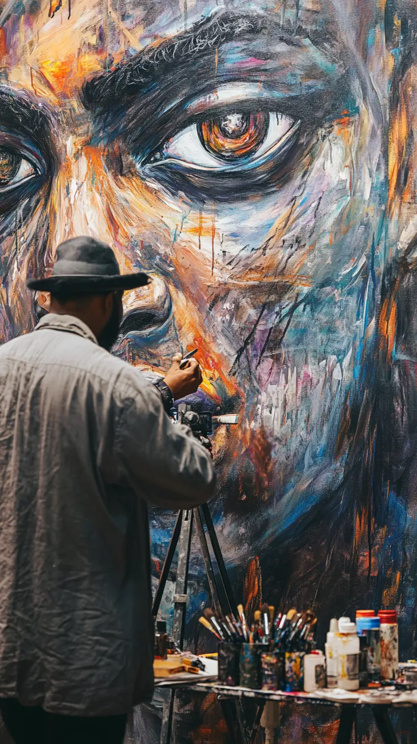Artist painting surreal afrofuturistic mural in high tech gallery