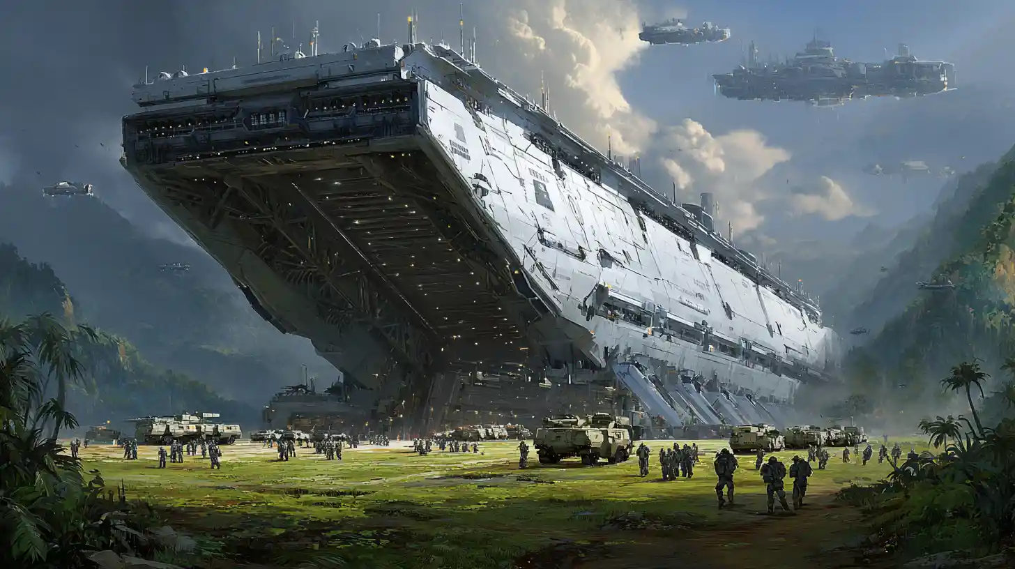 Massive sci fi landing ship unloading troops on alien world