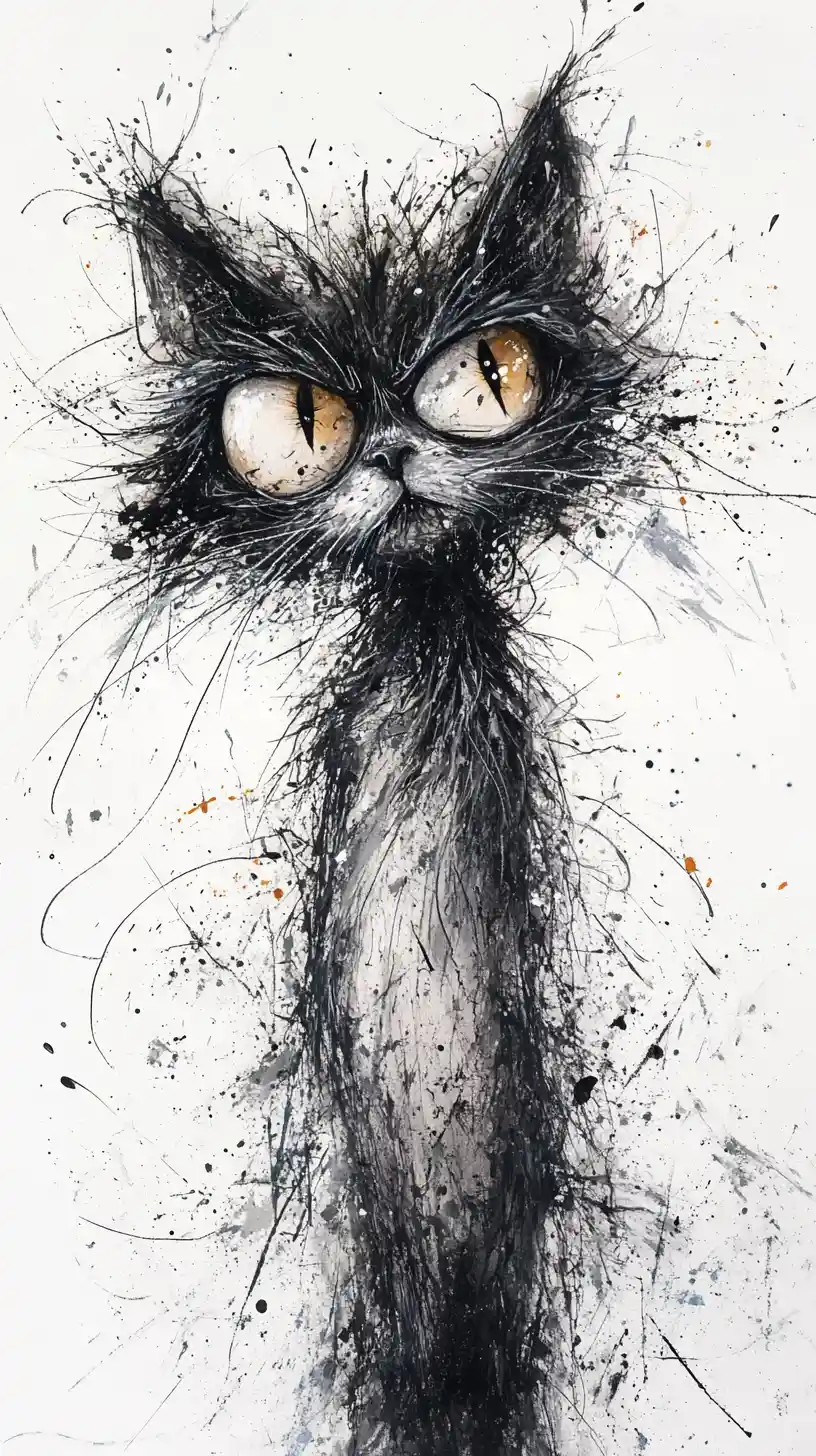 Scruffy cat portrait with oversized eyes and messy fur