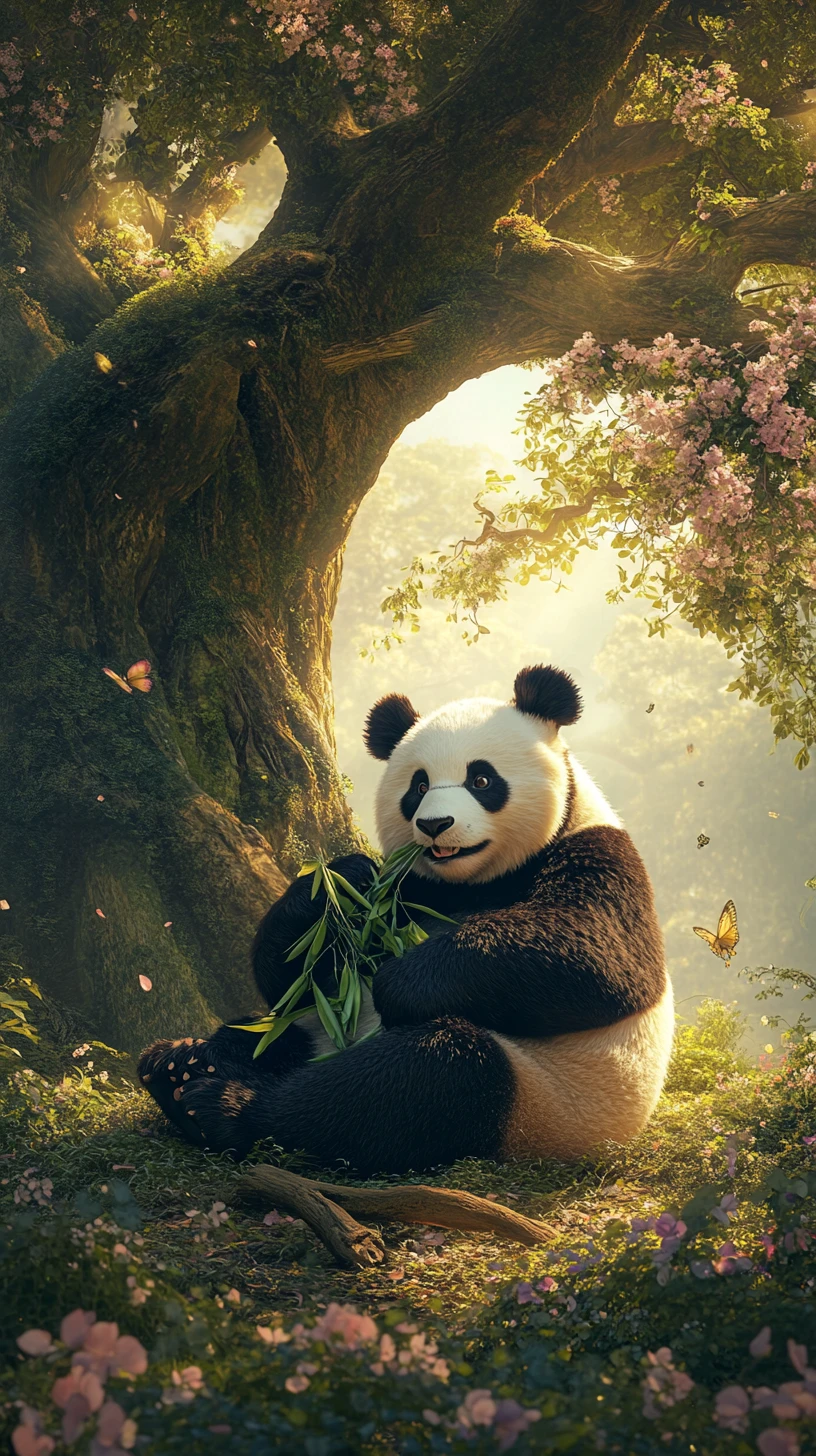 Panda Eating Bamboo Under A Blossoming Summer Tree